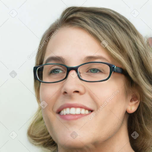 Joyful white young-adult female with long  brown hair and blue eyes