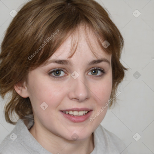 Joyful white young-adult female with medium  brown hair and blue eyes