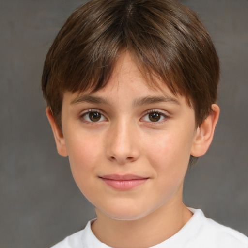 Joyful white child female with short  brown hair and brown eyes