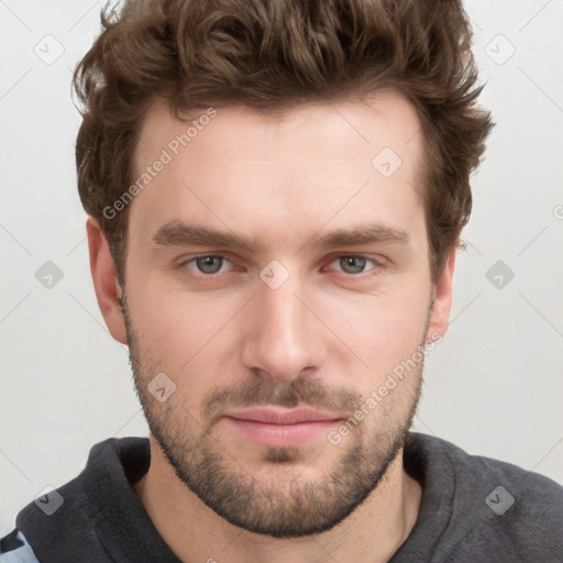 Neutral white young-adult male with short  brown hair and grey eyes