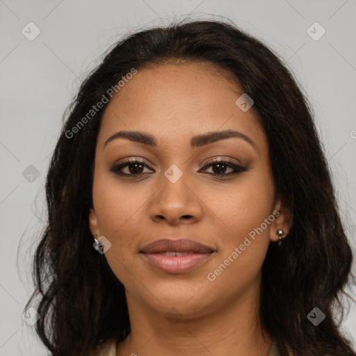 Joyful latino young-adult female with long  brown hair and brown eyes