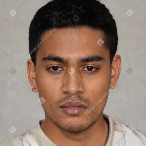 Neutral latino young-adult male with short  black hair and brown eyes