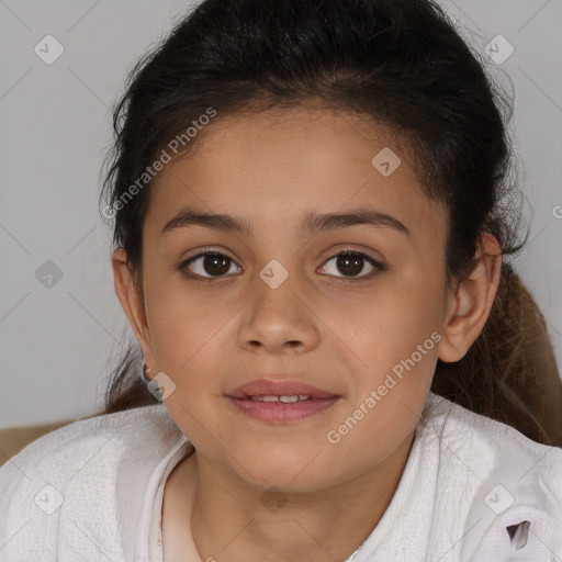 Joyful white child female with medium  brown hair and brown eyes