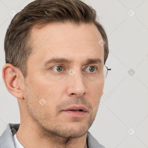 Neutral white adult male with short  brown hair and brown eyes