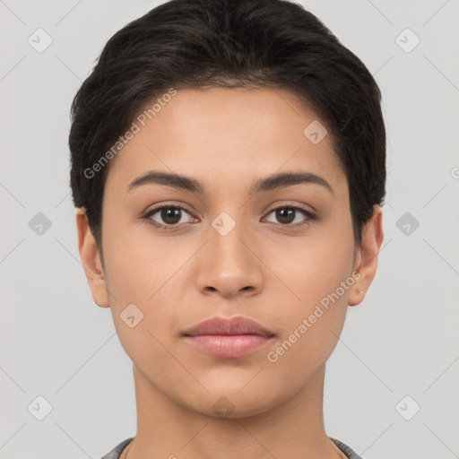 Neutral white young-adult female with short  brown hair and brown eyes