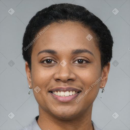 Joyful latino young-adult female with short  black hair and brown eyes