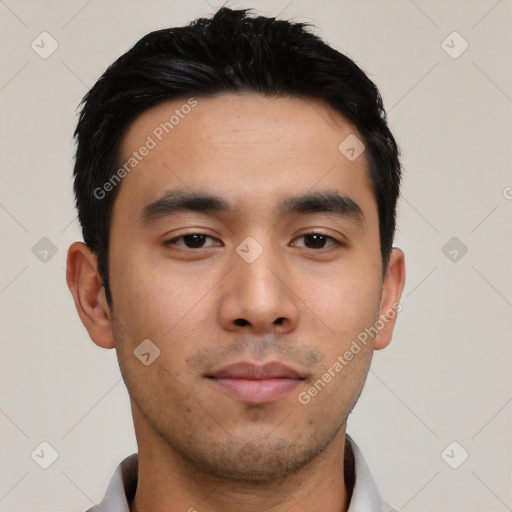 Neutral asian young-adult male with short  black hair and brown eyes