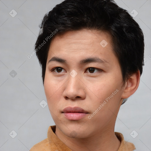 Neutral asian young-adult male with short  brown hair and brown eyes