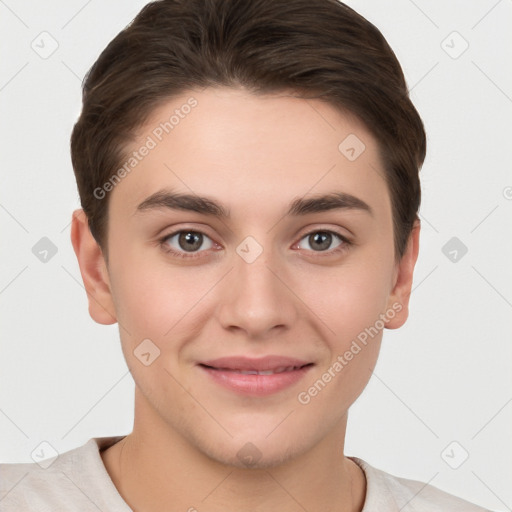 Joyful white young-adult female with short  brown hair and brown eyes