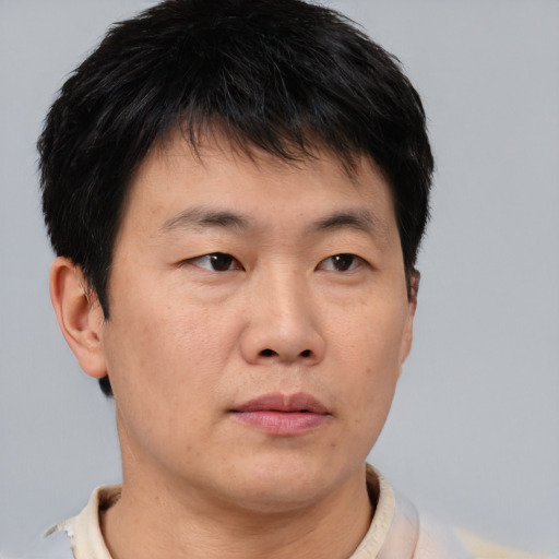 Neutral asian young-adult male with short  brown hair and brown eyes