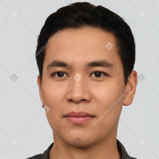 Neutral asian young-adult male with short  black hair and brown eyes