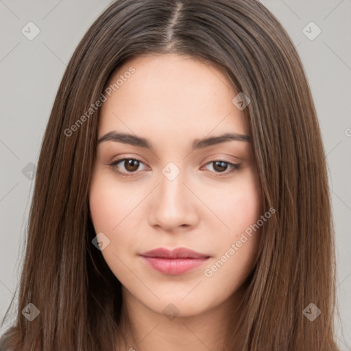 Neutral white young-adult female with long  brown hair and brown eyes