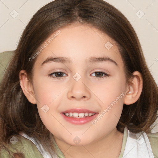 Joyful white child female with medium  brown hair and brown eyes