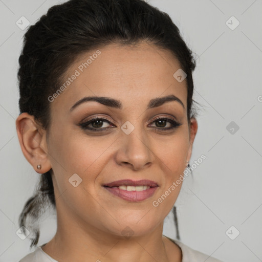 Joyful latino young-adult female with short  brown hair and brown eyes