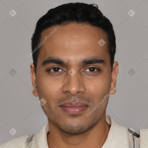 Joyful latino young-adult male with short  black hair and brown eyes