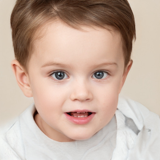 Joyful white child female with short  brown hair and blue eyes