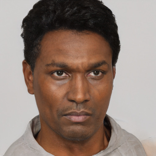 Neutral black adult male with short  black hair and brown eyes