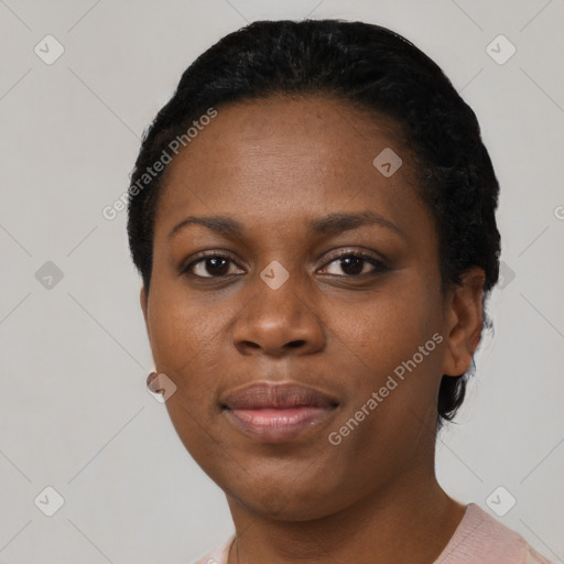 Neutral black young-adult female with short  black hair and brown eyes