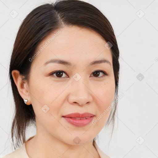 Joyful white young-adult female with medium  brown hair and brown eyes