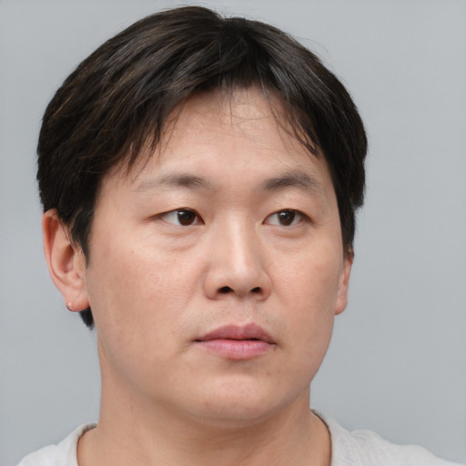 Neutral asian young-adult male with short  brown hair and brown eyes