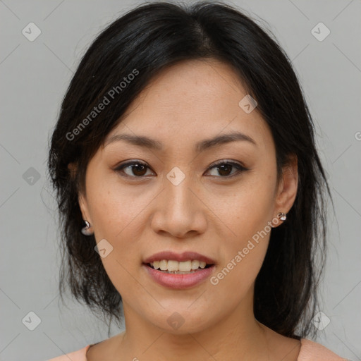 Joyful white young-adult female with medium  brown hair and brown eyes