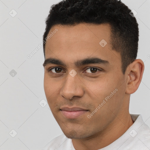 Neutral white young-adult male with short  brown hair and brown eyes