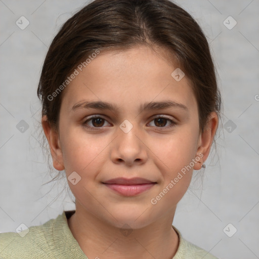 Joyful white child female with medium  brown hair and brown eyes