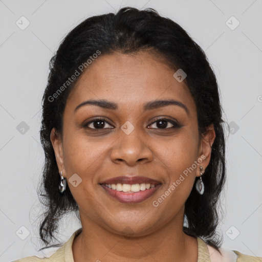 Joyful black young-adult female with medium  brown hair and brown eyes