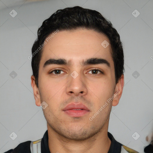 Neutral white young-adult male with short  black hair and brown eyes