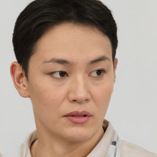 Neutral asian young-adult female with short  brown hair and brown eyes