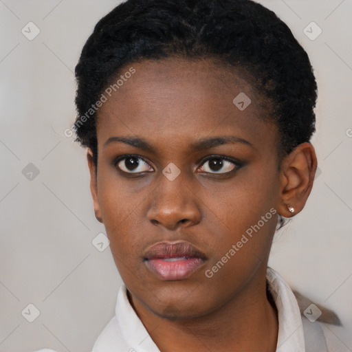 Neutral black young-adult female with short  black hair and brown eyes