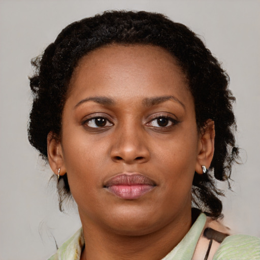 Joyful black young-adult female with medium  brown hair and brown eyes