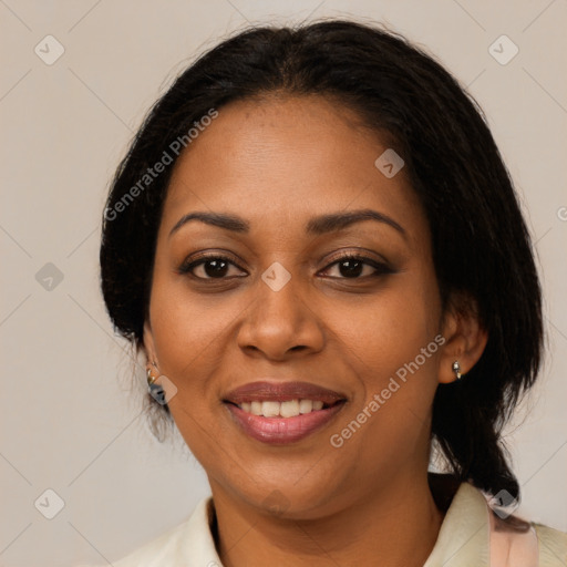 Joyful black young-adult female with medium  black hair and brown eyes