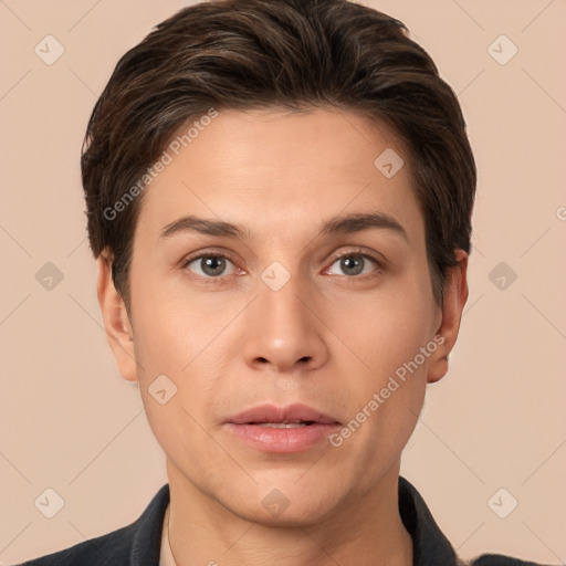 Neutral white young-adult male with short  brown hair and brown eyes