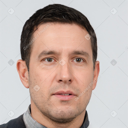 Neutral white adult male with short  brown hair and brown eyes