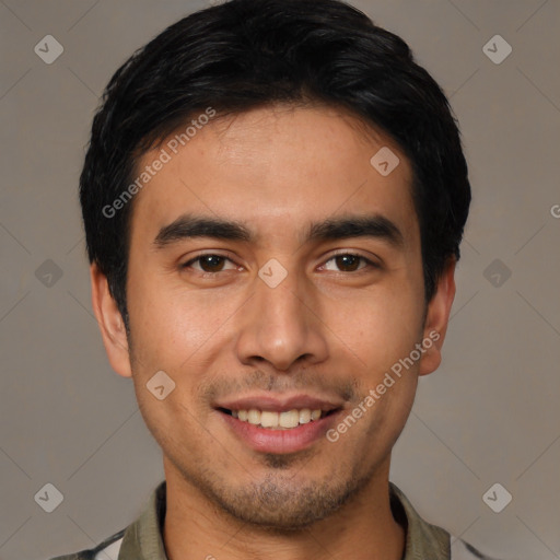 Joyful asian young-adult male with short  black hair and brown eyes