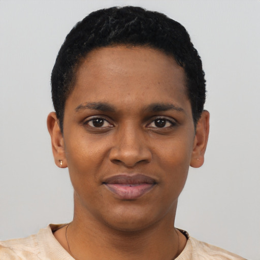 Joyful black young-adult male with short  black hair and brown eyes