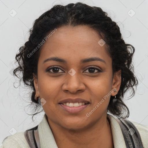 Joyful black young-adult female with medium  black hair and brown eyes