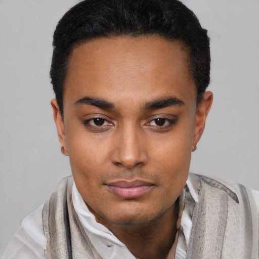 Neutral latino young-adult male with short  black hair and brown eyes
