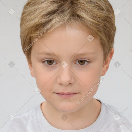 Joyful white child female with short  brown hair and brown eyes