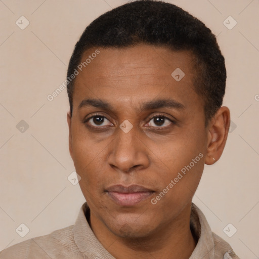 Neutral latino young-adult male with short  brown hair and brown eyes