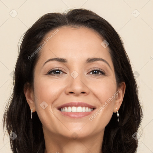 Joyful white young-adult female with long  brown hair and brown eyes