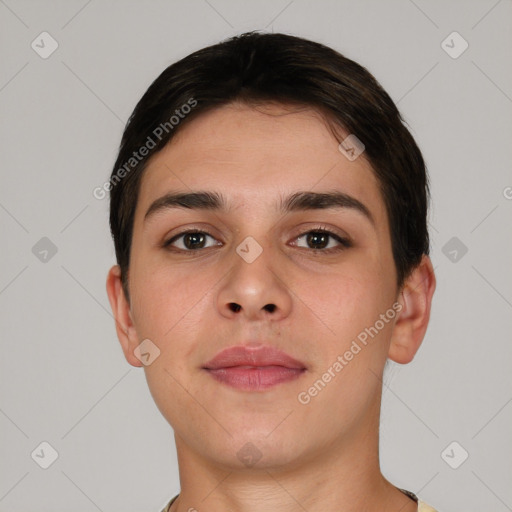 Neutral white young-adult male with short  brown hair and brown eyes