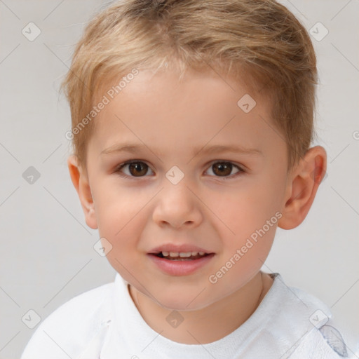 Joyful white child male with short  brown hair and brown eyes