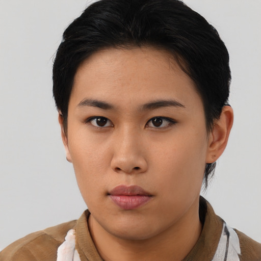 Neutral asian young-adult female with short  brown hair and brown eyes