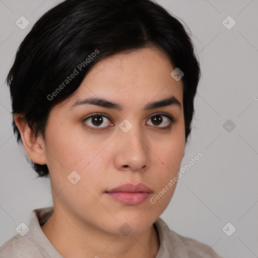 Neutral white young-adult female with medium  brown hair and brown eyes