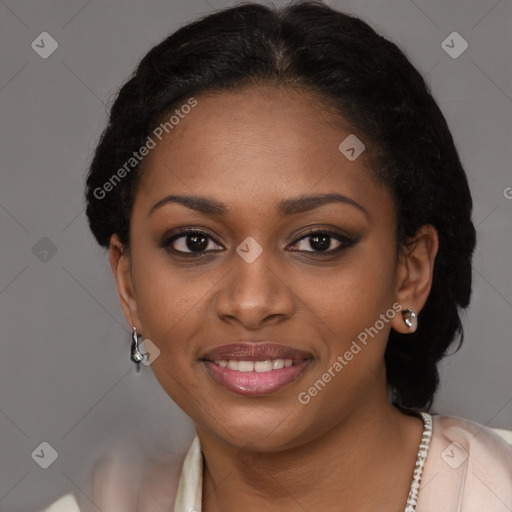 Joyful black young-adult female with medium  brown hair and brown eyes