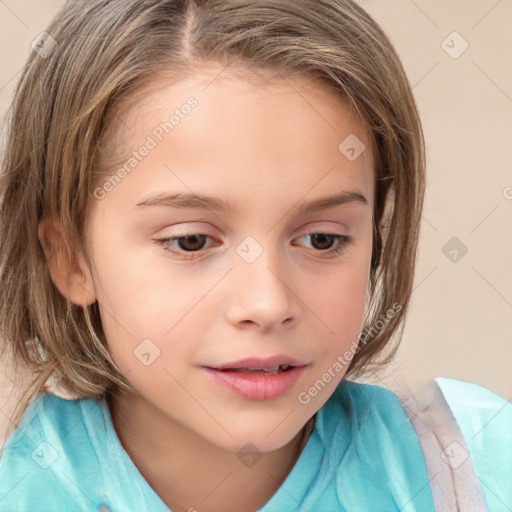 Joyful white child female with medium  brown hair and brown eyes