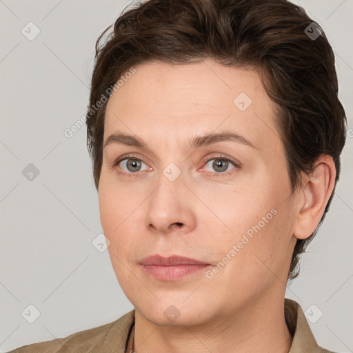 Joyful white adult female with short  brown hair and grey eyes