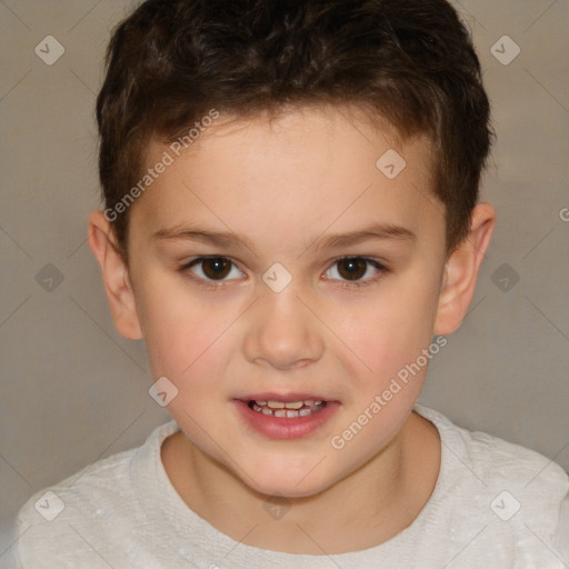 Joyful white child male with short  brown hair and brown eyes